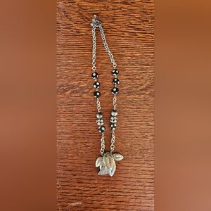 Vintage-Style Silver Leaf  Necklace w/ Black Polka Dot Beads & Rhinestones